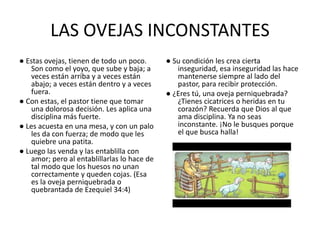 LAS OVEJAS INCONSTANTES
● Estas ovejas, tienen de todo un poco.
Son como el yoyo, que sube y baja; a
veces están arriba y a veces están
abajo; a veces están dentro y a veces
fuera.
● Con estas, el pastor tiene que tomar
una dolorosa decisión. Les aplica una
disciplina más fuerte.
● Les acuesta en una mesa, y con un palo
les da con fuerza; de modo que les
quiebre una patita.
● Luego las venda y las entablilla con
amor; pero al entablillarlas lo hace de
tal modo que los huesos no unan
correctamente y queden cojas. (Esa
es la oveja perniquebrada o
quebrantada de Ezequiel 34:4)
● Su condición les crea cierta
inseguridad, esa inseguridad las hace
mantenerse siempre al lado del
pastor, para recibir protección.
● ¿Eres tú, una oveja perniquebrada?
¿Tienes cicatrices o heridas en tu
corazón? Recuerda que Dios al que
ama disciplina. Ya no seas
inconstante. ¡No le busques porque
el que busca halla!
 