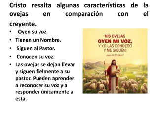 Cristo resalta algunas características de la
ovejas en comparación con el
creyente.
• Oyen su voz.
• Tienen un Nombre.
• Siguen al Pastor.
• Conocen su voz.
• Las ovejas se dejan llevar
y siguen fielmente a su
pastor. Pueden aprender
a reconocer su voz y a
responder únicamente a
esta.
 