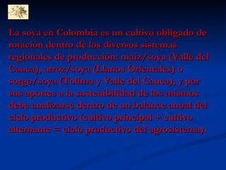 La soya en Colombia es un cultivo obligado de rotación dentro de los diversos sistemas regionales de producción: maíz/soya (Valle del Cauca), arroz/soya (Llanos Orientales) o sorgo/soya (Tolima y Valle del Cauca), y por sus aportes a la sostenibilidad de los mismos debe analizarse dentro de un balance anual del ciclo productivo (cultivo principal + cultivo alternante = ciclo productivo del agrosistema).  