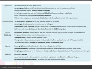 Key Workers - The teachers are the key actors of the process - Contacting stakeholders from different schools and school districts in our area via telephone/email/letter - Being in contact with seminar leaders of teacher’s traineeship. - Using the good cooperation with local institutions, NGOs, School Inspectorate Depart. and schools. - Having in each partner’ school a local coordinator of the project. - Make a written and personal Contract with the school and with the teachers involved in GH’s implementation. School-Teachers - The International Competition can be used to engage teachers on the project. - Contacting a retired teacher which introduced us to her colleagues. - Motivating the School Community members to participate in GREEN Education Promotion activity, and recruit others to help. - Each teacher will receive Certificates for Coordinator Teacher in the GREEN Hero project School- Students - Engaging the students by teachers directly, with their classroom activities, with discussions, or directy in class via activities. - Using press releases that also addressed to pupils and parents - Visiting the shools in order to propose them the activity. - Sharing leaflets and promotional materials to the students (t-shirts, fleyers,authoadhesives with GH’s logos, online links) - The students will receive Certificates for Volunteering Activity in Environment Issues Parents - Encouraging the parents to get involved in Green Days and supporting activities. - Involving the Parents in some projects related with the competition (for example projects organising school shows) - Using the parents’ influences on the development of children's Environment protection behaviors’ are multi-factorial and complex Community - Organising Open days. - Access local community and encourage them to contribute or participate in the School Green Education Program. - Organizing International Conference in partnership with local community departments  