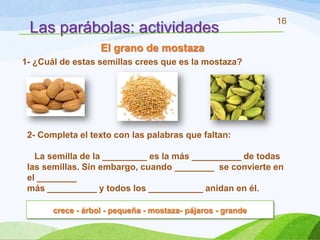 16
 Las parábolas: actividades
                   El grano de mostaza
1- ¿Cuál de estas semillas crees que es la mostaza?




 2- Completa el texto con las palabras que faltan:

   La semilla de la _________ es la más __________ de todas
 las semillas. Sin embargo, cuando ________ se convierte en
 el ________
 más __________ y todos los ___________ anidan en él.

       crece - árbol - pequeña - mostaza- pájaros - grande
 