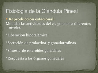 Reproducción estacional: Modular las actividades del eje gonadal a diferentes niveles: *Liberación hipotalámica *Secreción de prolactina  y gonadotrofinas *Síntesis  de esteroides gonadales  *Respuesta a los órganos gonadales 
