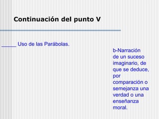 Continuación del punto V
_____ Uso de las Parábolas.
b-Narración
de un suceso
imaginario, de
que se deduce,
por
comparación o
semejanza una
verdad o una
enseñanza
moral.
 