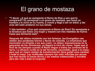 El grano de mostaza "Y decía: ¿A qué es semejante el Reino de Dios y con qué lo compararé? Es semejante a un grano de mostaza, que tomó un hombre y lo echó en su huerto, y creció y llegó a ser un árbol, y las aves del cielo anidaron en sus ramas.  Y dijo también: ¿Con qué compararé el Reino de Dios? Es semejante a la levadura que tomó una mujer y mezcló con tres medidas de harina hasta que fermentó todo". Después del último incidente con los fariseos, los Evangelios nos relatan dos parábolas breves y llenas de colorido. La enseñanza que transmiten va dirigida a los que creen: no deben impresionarse en la pequeñez de los comienzos, ya llegará la hora de crecer, hasta que al final de los tiempos cuando el Reino llegue a todos los confines de la tierra. La eficacia oculta es la del fermento, escondido, igual a la masa, pero que en mayor estado de transformación tiene poder para cambiar a toda la masa. Las multitudes siempre han sido influidas por pocos que han tenido la fuerza divina y los medios intelectuales y morales para dar vida a todo el conjunto. 