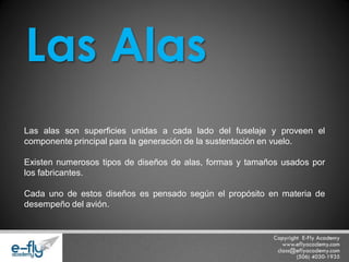 Las alas son superficies unidas a cada lado del fuselaje y proveen el componente principal para la generación de la sustentación en vuelo. 
Existen numerosos tipos de diseños de alas, formas y tamaños usados por los fabricantes. 
Cada uno de estos diseños es pensado según el propósito en materia de desempeño del avión. 
Las Alas  