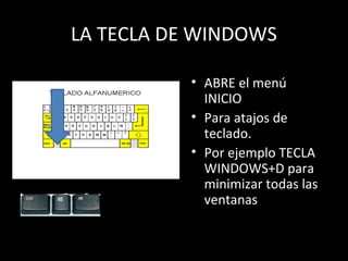 LA TECLA DE WINDOWS

           • ABRE el menú
             INICIO
           • Para atajos de
             teclado.
           • Por ejemplo TECLA
             WINDOWS+D para
             minimizar todas las
             ventanas
 