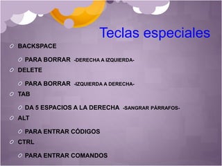 Teclas especiales
BACKSPACE
PARA BORRAR -DERECHA A IZQUIERDA-
DELETE
PARA BORRAR -IZQUIERDA A DERECHA-
TAB
DA 5 ESPACIOS A LA DERECHA -SANGRAR PÁRRAFOS-
ALT
PARA ENTRAR CÓDIGOS
CTRL
PARA ENTRAR COMANDOS
 