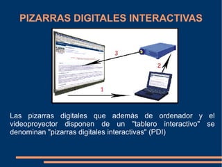 PIZARRAS DIGITALES INTERACTIVAS




Las pizarras digitales que además de ordenador y el
videoproyector disponen de un "tablero interactivo" se
denominan "pizarras digitales interactivas" (PDI)
 