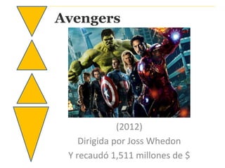 Avengers 
(2012) 
Dirigida por Joss Whedon 
Y recaudó 1,511 millones de $ 
 