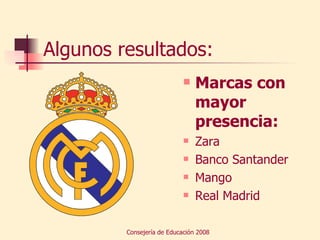 Algunos resultados: Marcas con mayor presencia: Zara Banco Santander Mango Real Madrid 