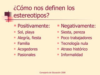 ¿Cómo nos definen los estereotipos? Positivamente: Sol, playa Alegría, fiesta Familia Acogedores Pasionales Negativamente: Siesta, pereza Poco trabajadores Tecnología nula Atraso histórico Informalidad 