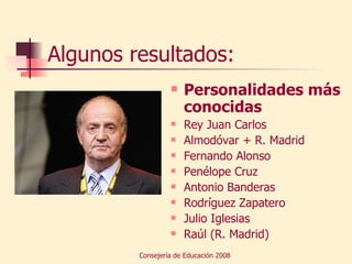 Algunos resultados: Personalidades más conocidas Rey Juan Carlos Almodóvar + R. Madrid Fernando Alonso Penélope Cruz Antonio Banderas Rodríguez Zapatero Julio Iglesias Raúl (R. Madrid) 