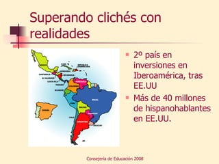 Superando clichés con realidades 2º país en inversiones en Iberoamérica, tras EE.UU Más de 40 millones de hispanohablantes en EE.UU. 