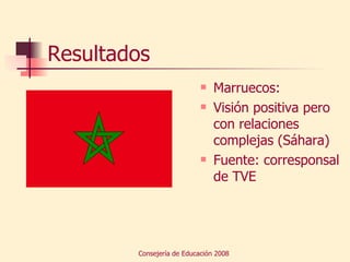 Resultados Marruecos: Visión positiva pero con relaciones complejas (Sáhara) Fuente: corresponsal de TVE 