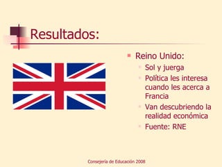 Resultados: Reino Unido: Sol y juerga Política les interesa cuando les acerca a Francia Van descubriendo la realidad económica Fuente: RNE 