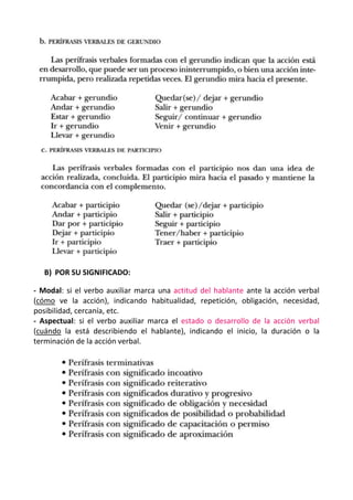 B) POR SU SIGNIFICADO:
- Modal: si el verbo auxiliar marca una actitud del hablante ante la acción verbal
(cómo ve la acción), indicando habitualidad, repetición, obligación, necesidad,
posibilidad, cercanía, etc.
- Aspectual: si el verbo auxiliar marca el estado o desarrollo de la acción verbal
(cuándo la está describiendo el hablante), indicando el inicio, la duración o la
terminación de la acción verbal.
 