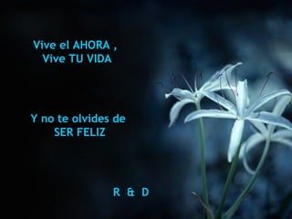 Vive el AHORA ,
  Vive TU VIDA




Y no te olvides de
    SER FELIZ




               R & D
 