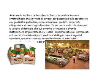 Ad esempio la filiera dell’ortofrutta fresca inizia dalle imprese ortofrutticole che coltivano gli ortaggi per passare poi alle cooperative e ai grossisti i quali a loro volta consegnano i prodotti ai mercati all’ingrosso e ai centri agroalimentari. Da qui parte la distribuzione per la vendita al dettaglio che può avvenire attraverso la Grande Distribuzione Organizzata (GDO), ossia i supermercati e gli ipermercati, attraverso i tradizionali punti vendita al dettaglio come i negozi di quartiere, oppure attraverso la vendita diretta di ortofrutta proveniente direttamente dal produttore.  