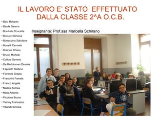 IL LAVORO E’ STATO  EFFETTUATO DALLA CLASSE 2^A O.C.B. Insegnante: Prof.ssa Marcella Schirano Baio Roberto Basile Serena Bonfrate Concetta Bonucci Simona Borraccino Salvatore Borrelli Carmela Braione Chiara Bruno Michele Collura Saverio De Bartolomeo Desirèe Esposito Stefano Fiorenza Grazia Franchini Pamela Franco Angela Mazza Andrea Mele Antonio Piccione Bruna Vienny Francesco Vitarelli Simona 