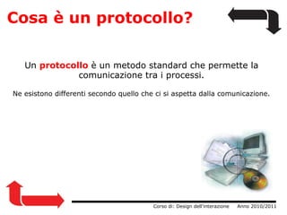 Cosa è un protocollo? Un  protocollo  è un metodo standard che permette la comunicazione tra i processi. Ne esistono differenti secondo quello che ci si aspetta dalla comunicazione.                  Corso di: Design dell'interazione     Anno 2010/2011 