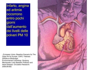 Infarto, angina
ed aritmie
occorrono
entro pochi
giorni
dall‟aumento
dei livelli delle
polveri PM 10
- European Union, Baseline Scenario for The
Clean Air for Europe. CAFE Febbraio
2005Aruni Bhatnagar. -
Environmental Cardiology. Studying
Mechanistic Links Between Pollution and
Heart Disease. Circulation Research.
2006;99:692.
 