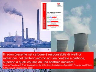 Il radon presente nel carbone è responsabile di livelli di
radiazioni, nel territorio intorno ad una centrale a carbone,
superiori a quelli causati da una centrale nucleare”.
Energy Trends and Their Implications for U.S. Army Installations Donald F. Fournier and Eileen
T. Westervelt (September 2005)
 