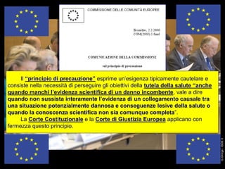 Il “principio di precauzione” esprime un‟esigenza tipicamente cautelare e
consiste nella necessità di perseguire gli obiettivi della tutela della salute “anche
quando manchi l’evidenza scientifica di un danno incombente, vale a dire
quando non sussista interamente l’evidenza di un collegamento causale tra
una situazione potenzialmente dannosa e conseguenze lesive della salute o
quando la conoscenza scientifica non sia comunque completa”.
La Corte Costituzionale e la Corte di Giustizia Europea applicano con
fermezza questo principio.
G.Ghirga-ISDEIt
 
