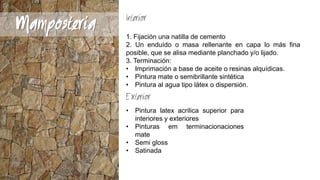 Mamposteria

Interior
1. Fijación una natilla de cemento
2. Un enduído o masa rellenante en capa lo más fina
posible, que se alisa mediante planchado y/o lijado.
3. Terminación:
• Imprimación a base de aceite o resinas alquídicas.
• Pintura mate o semibrillante sintética
• Pintura al agua tipo látex o dispersión.

Exterior
• Pintura latex acrilica superior para
interiores y exteriores
• Pinturas em terminacionaciones
mate
• Semi gloss
• Satinada

 
