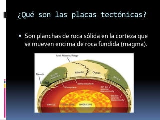 ¿Qué son las placas tectónicas?
 Son planchas de roca sólida en la corteza que

se mueven encima de roca fundida (magma).

 