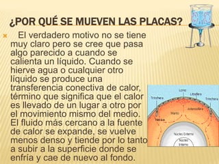 ¿POR QUÉ SE MUEVEN LAS PLACAS?
 El verdadero motivo no se tiene
muy claro pero se cree que pasa
algo parecido a cuando se
calienta un líquido. Cuando se
hierve agua o cualquier otro
líquido se produce una
transferencia conectiva de calor,
término que significa que el calor
es llevado de un lugar a otro por
el movimiento mismo del medio.
El fluido más cercano a la fuente
de calor se expande, se vuelve
menos denso y tiende por lo tanto
a subir a la superficie donde se
enfría y cae de nuevo al fondo.
 