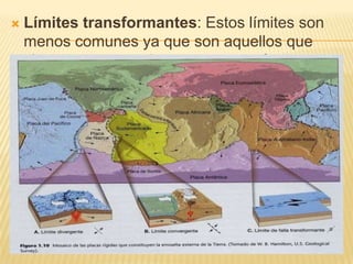  Límites transformantes: Estos límites son
menos comunes ya que son aquellos que
chocan pero que demuestran una fuerza
pareja entre una placa y la otra
 