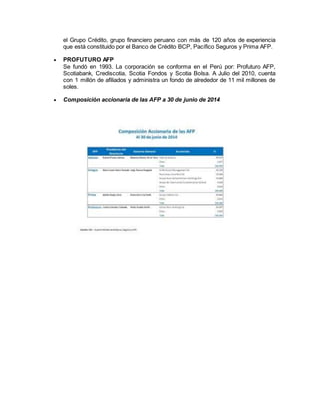 el Grupo Crédito, grupo financiero peruano con más de 120 años de experiencia
que está constituido por el Banco de Crédito BCP, Pacífico Seguros y Prima AFP.
 PROFUTURO AFP
Se fundó en 1993. La corporación se conforma en el Perú por: Profuturo AFP,
Scotiabank, Crediscotia, Scotia Fondos y Scotia Bolsa. A Julio del 2010, cuenta
con 1 millón de afiliados y administra un fondo de alrededor de 11 mil millones de
soles.
 Composición accionaria de las AFP a 30 de junio de 2014
 