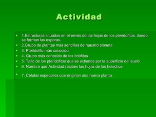 Actividad 1.Estructuras situadas en el envés de las hojas de los pteridofitos, donde se forman las esporas.  2.Grupo de plantas más sencillas de nuestro planeta  3.  Pteridofito más conocido  4. Grupo más conocido de los briófitos  5. Tallo de los pteridofitos que se extiende por la superficie del suelo  6. Nombre que Actividad reciben las hojas de los helechos  7.  Células especiales que originan una nueva planta   