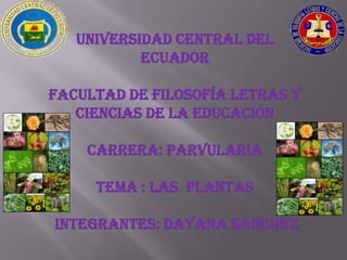 UNIVERSIDAD CENTRAL DEL
           ECUADOR

FACULTAD DE FILOSOFÍA LETRAS Y
   CIENCIAS DE LA EDUCACIÓN

    CARRERA: PARVULARIA

     TEMA : lAs PLANTAS

INTEGRANTES: Dayana Sánchez
 