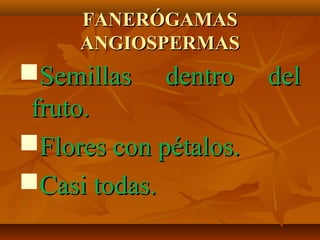 FANERÓGAMAS
     ANGIOSPERMAS
Semillas dentro       del
 fruto.
Flores con pétalos.
Casi todas.
 