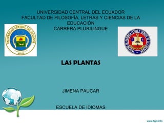 UNIVERSIDAD CENTRAL DEL ECUADOR
FACULTAD DE FILOSOFÍA, LETRAS Y CIENCIAS DE LA
EDUCACIÓN
CARRERA PLURILINGUE

LAS PLANTAS

JIMENA PAUCAR
ESCUELA DE IDIOMAS

 