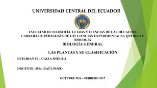 UNIVERSIDAD CENTRAL DEL ECUADOR
FACULTAD DE FILOSOFÍA, LETRAS Y CIENCIAS DE LA EDUCACIÓN
CARRERA DE PEDAGOGÍA DE LAS CIENCIAS EXPERIMENTALES, QUÍMICAY
BIOLOGÍA
BIOLOGÍA GENERAL
LAS PLANTAS Y SU CLASIFICACIÓN
ESTUDIANTE: CAIZA MÓNICA
DOCENTE: MSc. RAÚL POZO
OCTUBRE 2016 – FEBRERO 2017
 
