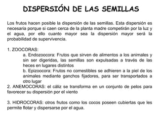 DISPERSIÓN DE LAS SEMILLAS
Los frutos hacen posible la dispersión de las semillas. Esta dispersión es
necesaria porque si caen cerca de la planta madre competirán por la luz y
el agua, por ello cuanto mayor sea la dispersión mayor será la
probabilidad de supervivencia.
1. ZOOCORAS:
a. Endozoocora: Frutos que sirven de alimentos a los animales y
sin ser digeridas, las semillas son expulsadas a través de las
heces en lugares distintos
b. Epizoocora: Frutos no comestibles se adhieren a la piel de los
animales mediante ganchos fijadores, para ser transportados a
otro lugar
2. ANEMOCORAS: el cáliz se transforma en un conjunto de pelos para
favorecer su dispersión por el viento
3. HIDROCORAS: otros frutos como los cocos poseen cubiertas que les
permite flotar y dispersarse por el agua.
 