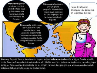 Entre sus aportes a la humanidad se encuentran la Democracia directa y sus grandes construcciónATENASVIVIERON APROXIMADAMENTE: 250 mil  habitantes como máximo.- 40 000 ciudadanos varones.- 50 000 extranjeros.- 100 000 esclavos.- Hacia mediados del siglo V es la polis más populosa, creativa y agresiva..En Atenas se admiraba el hombre prudente y con buen discurso, se buscaba la justicia y En el siglo V es la polis con mayor participación política de los ciudadanos