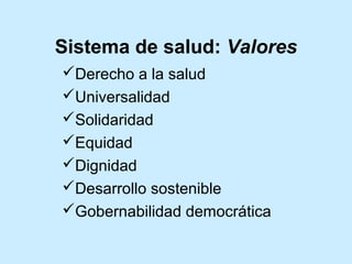 Sistema de salud: Valores
Derecho a la salud
Universalidad
Solidaridad
Equidad
Dignidad
Desarrollo sostenible
Gobernabilidad democrática

 