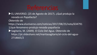 Referencias
EL UNIVERSO. (25 de Agosto de 2017). ¿Qué produjo la
nevada en Papallacta?
Obtenido de
https://www.eluniverso.com/noticias/2017/08/25/nota/634791
1/que-fenomeno-produjo-nevada-papallacta
Sagitario, M. (2009). El Ciclo Del Agua. Obtenido de
https://pt.slideshare.net/maritasagitario/el-ciclo-del-agua-
2718665/2
 