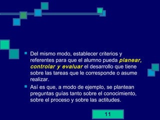 11
 Del mismo modo, establecer criterios y
referentes para que el alumno pueda planear,
controlar y evaluar el desarrollo que tiene
sobre las tareas que le corresponde o asume
realizar.
 Así es que, a modo de ejemplo, se plantean
preguntas guías tanto sobre el conocimiento,
sobre el proceso y sobre las actitudes.
 
