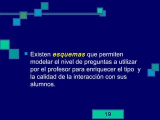 19
 Existen esquemas que permiten
modelar el nivel de preguntas a utilizar
por el profesor para enriquecer el tipo y
la calidad de la interacción con sus
alumnos.
 