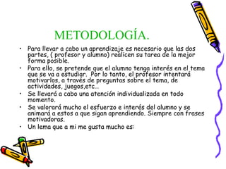 METODOLOGÍA.
• Para llevar a cabo un aprendizaje es necesario que las dos
partes, ( profesor y alumno) realicen su tarea de la mejor
forma posible.
• Para ello, se pretende que el alumno tenga interés en el tema
que se va a estudiar. Por lo tanto, el profesor intentará
motivarlos, a través de preguntas sobre el tema, de
actividades, juegos,etc…
• Se llevará a cabo una atención individualizada en todo
momento.
• Se valorará mucho el esfuerzo e interés del alumno y se
animará a estos a que sigan aprendiendo. Siempre con frases
motivadoras.
• Un lema que a mi me gusta mucho es:
 