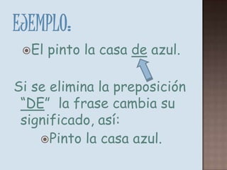 EJEMPLO:El pinto la casa de azul.Si se elimina la preposición “DE”  la frase cambia su significado, así:Pinto la casa azul.
