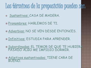 Los términos de la preposición pueden ser:Sustantivos: CASA DE MADERA.Pronombres: HABLEMOS DE TI.Adverbios: NO SE VEN DESDE ENTONCES.Infinitivos: ESTUDIA PARA APRENDER.Subordinadas: EL TEMOR DE QUE TE HUBIERA PASADO ALGO ME IMPIDIO DORMIR.Adjetivos sustantivados: TIENE CARA DE BUENO.