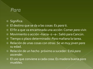 








Significa:
El destino que se da a las cosas: Es para ti.
El fin a que va encaminada una acción: Comer para vivir.
Movimiento o acción –hacia- o –a-: Salió para Cancún.
Tiempo o plazo determinado: Para mañana la tarea.
Relación de unas cosas con otras: Se ve muy joven para
su edad.
Relación de un hecho próximo a suceder: Está para
ascender.
El uso que conviene a cada cosa: Es madera buena para
muebles.

 