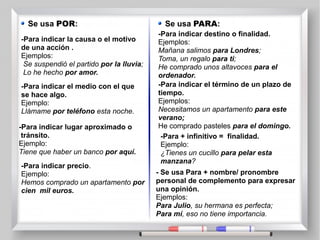 -Para indicar la causa o el motivo
de una acción .
Ejemplos:
Se suspendió el partido por la lluvia;
Lo he hecho por amor.
-Para indicar el medio con el que
se hace algo.
Ejemplo:
Llámame por teléfono esta noche.
-Para indicar lugar aproximado o
tránsito.
Ejemplo:
Tiene que haber un banco por aquí.
-Para indicar precio.
Ejemplo:
Hemos comprado un apartamento por
cien mil euros.
-Para indicar destino o finalidad.
Ejemplos:
Mañana salimos para Londres;
Toma, un regalo para ti;
He comprado unos altavoces para el
ordenador.
-Para indicar el término de un plazo de
tiempo.
Ejemplos:
Necesitamos un apartamento para este
verano;
He comprado pasteles para el domingo.
-Para + infinitivo = finalidad.
Ejemplo:
¿Tienes un cucillo para pelar esta
manzana?
- Se usa Para + nombre/ pronombre
personal de complemento para expresar
una opinión.
Ejemplos:
Para Julio, su hermana es perfecta;
Para mí, eso no tiene importancia.
Se usa POR: Se usa PARA:
 