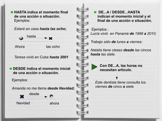 HASTA indica el momento final
de una acción o situación.
Ejemplos:
Estaré en casa hasta las ocho;
Ahora las ocho
hasta
Teresa vivió en Cuba hasta 2001
DESDE indica el momento inicial
de una acción o situación.
Ejemplos:
Amanda no me llama desde Navidad;
desde
Navidad ahora
DE...A / DESDE...HASTA
indican el momento inicial y el
final de una acción o situación.
Ejemplos :
Lucía vivió en Panamá de 1999 a 2010;
Trabajo sólo de lunes a viernes;
Natalia tiene clases desde las cincos
hasta las siete.
Con DE...A, las horas no
necesitan artículo.
Este dentista tiene consulta los
viernes de cinco a siete
 