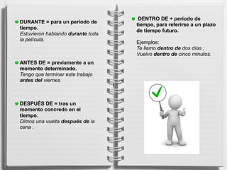 l
DURANTE = para un período de
tiempo.
Estuvieron hablando durante toda
la película.
ANTES DE = previamente a un
momento determinado.
Tengo que terminar este trabajo
antes del viernes.
DESPUÉS DE = tras un
momento concredo en el
tiempo.
Dimos una vuelta después de la
cena .
DENTRO DE + período de
tiempo, para referirse a un plazo
de tiempo futuro.
Ejemplos:
Te llamo dentro de dos días ;
Vuelvo dentro de cinco minutos.
 